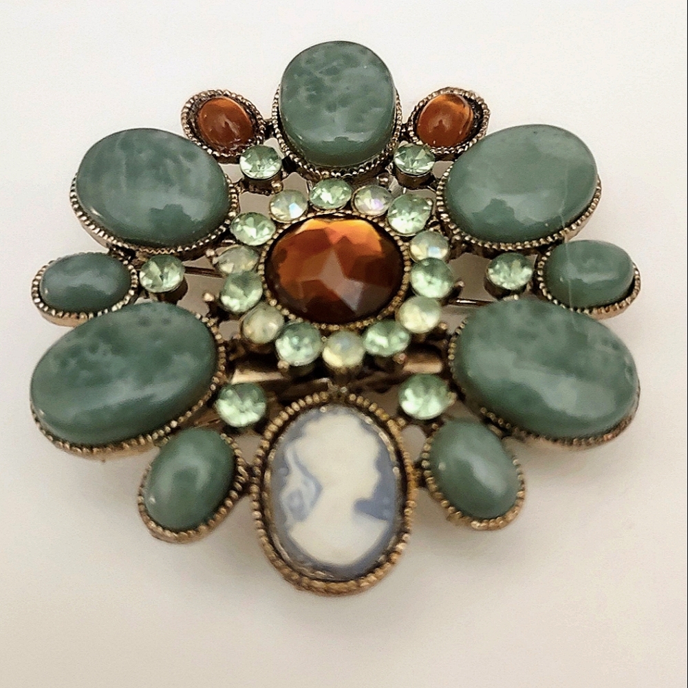 Upcycled Green Stone & Amber + Cameo Brooch/Clip